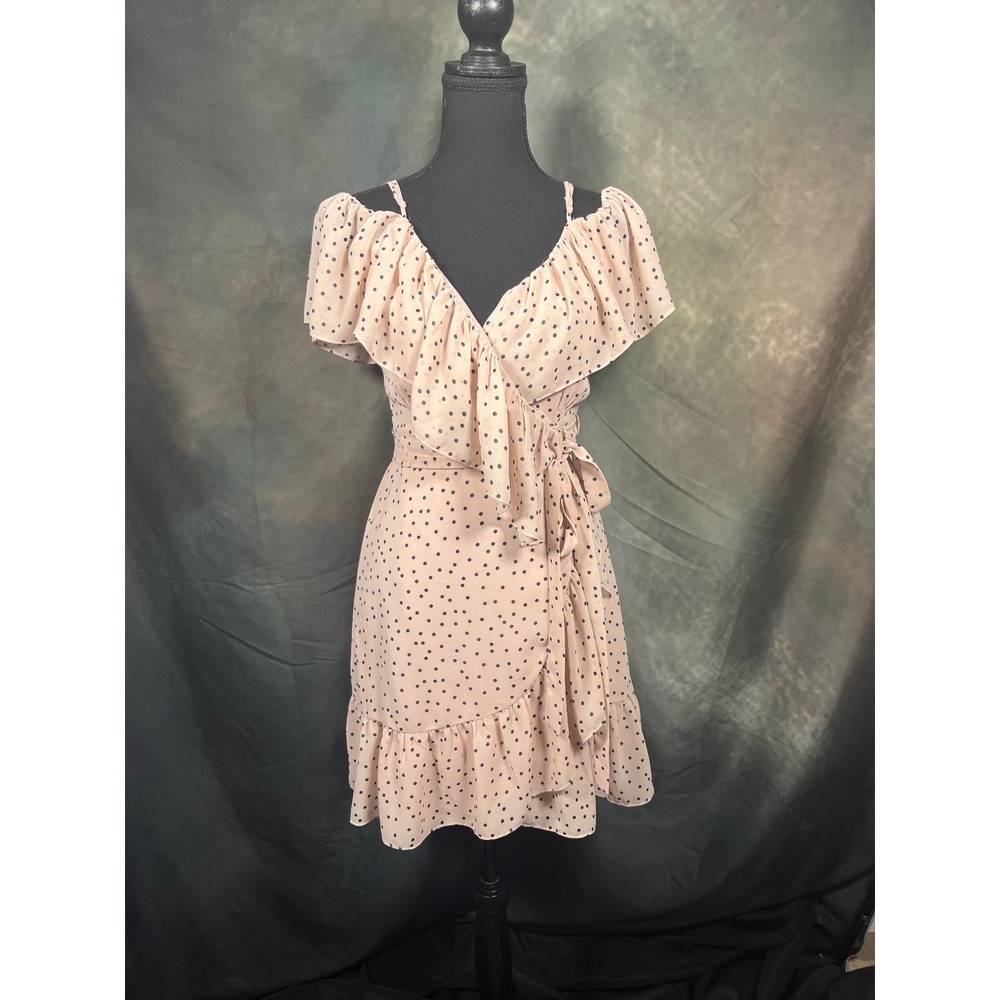 WAYF Blush Pink Polka Dot Ruffle Cold Shoulder Wrap Mini Dress XS